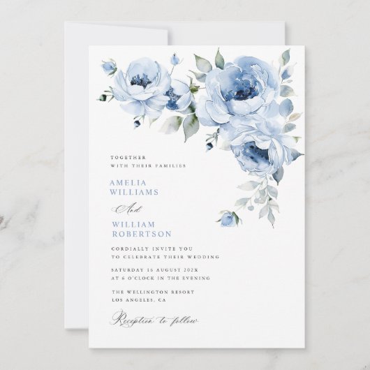 青エレガントフローラ結婚書道 招待状 (正面)