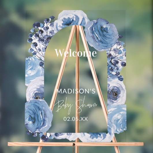 青エレガントフローラ赤ちゃんシャワー歓迎サイン アクリルサイン (ニュートラル)