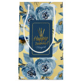 青エレガントフローラ金ゴールドハッピーバースデー名 スモールペーパーバッグ (正面)