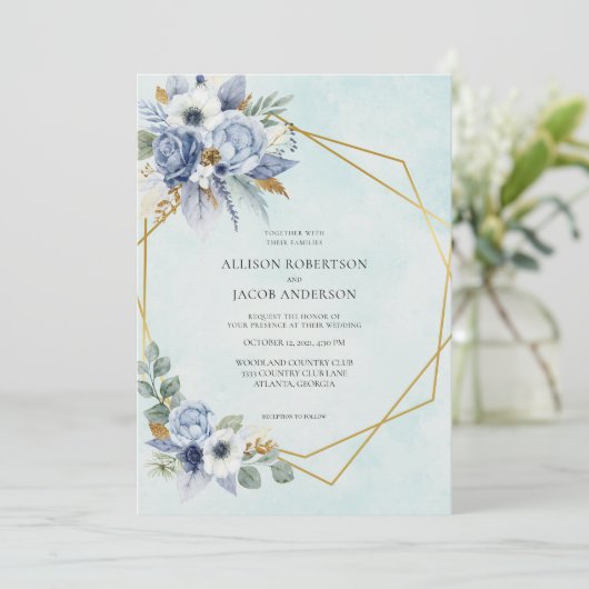 青エレガントフローラ金ゴールドフレ結婚ーム 招待状 (スタンド正面)