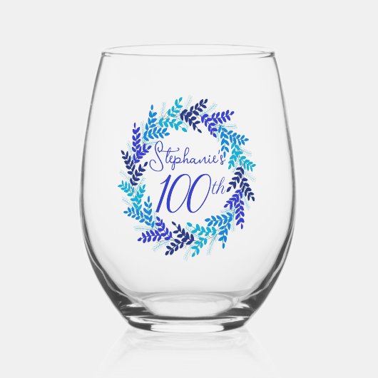 青エレガントフローラ100誕生日 ステムなしワイングラス (正面)