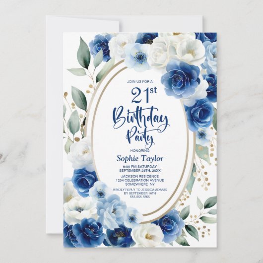青エレガントフローラ21歳の誕生日パーティー 招待状 (正面)