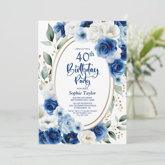 青エレガントフローラ40歳の誕生日パーティー 招待状 (スタンド正面)