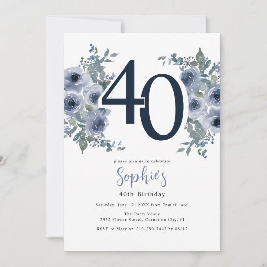 青エレガントフローラ40歳の誕生日 招待状 (正面)