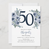 青エレガントフローラ50誕生日 招待状 (正面)