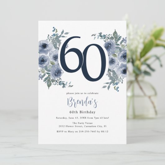 青エレガントフローラ60誕生日 招待状 (スタンド正面)