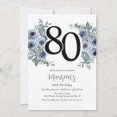青エレガントフローラ80誕生日 招待状 (正面)