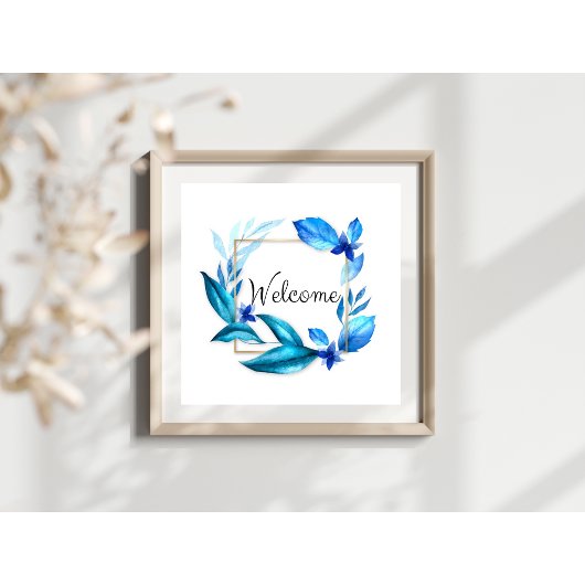 青エレガントフローラ「ようこそ」水彩画 ポスター