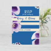 青エレガントフローラRSVPフォトカード、スクリプト 招待状 (スタンド正面)