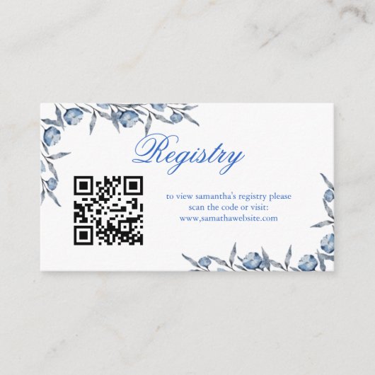 青エレガントブライダルシャワーまたは赤ちゃんシャワーのレジストリ エンクロージャーカード (正面)