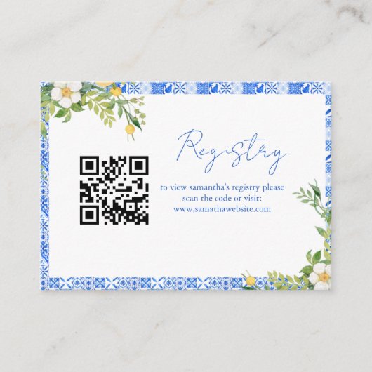 青エレガントブライダルシャワーまたは赤ちゃんシャワーのレジストリ エンクロージャーカード (正面)