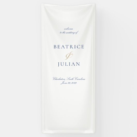 青エレガントミニマルと白の結婚歓迎 横断幕 (縦)