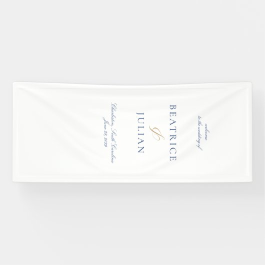 青エレガントミニマルと白の結婚歓迎 横断幕 (横)