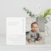 青エレガントミニマルタイポグラフィ写真バプテスマ サンキューカード (スタンド正面)