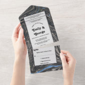 青エレガントミニマル灰色の波抽象芸術結婚の オールインワン招待状 (貼ってはがせる)