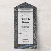 青エレガントミニマル灰色の波抽象芸術結婚の オールインワン招待状 (内側)