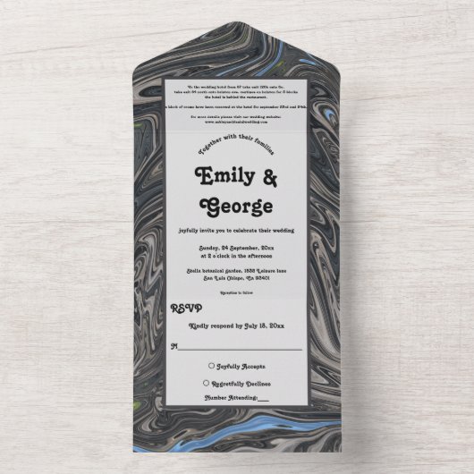 青エレガントミニマル灰色の波抽象芸術結婚の オールインワン招待状 (内側)