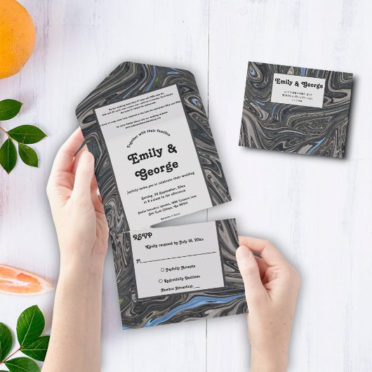 青エレガントミニマル灰色の波抽象芸術結婚の オールインワン招待状