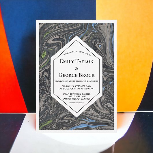 青エレガントミニマル灰色の波抽象芸術結婚の 招待状