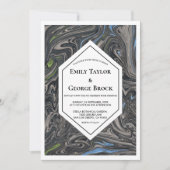 青エレガントミニマル灰色の波抽象芸術結婚の 招待状 (正面)