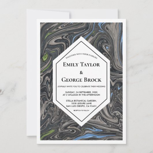 青エレガントミニマル灰色の波抽象芸術結婚の 招待状 (正面)