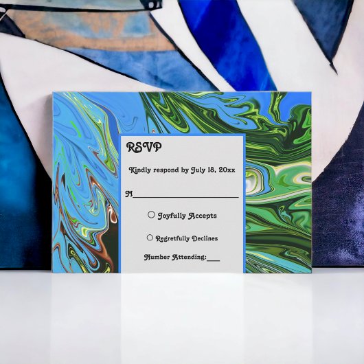 青エレガントミニマル緑の抽象芸術絵を描結婚の 出欠カード