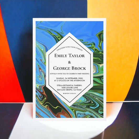 青エレガントミニマル緑の抽象芸術絵を描結婚の 招待状