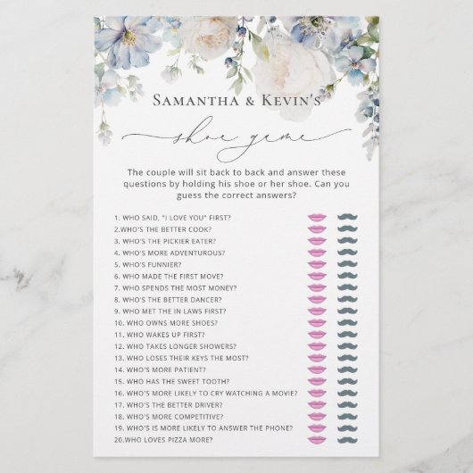 青エレガントモダンフローラブライダルシャワーシューゲーム (正面)