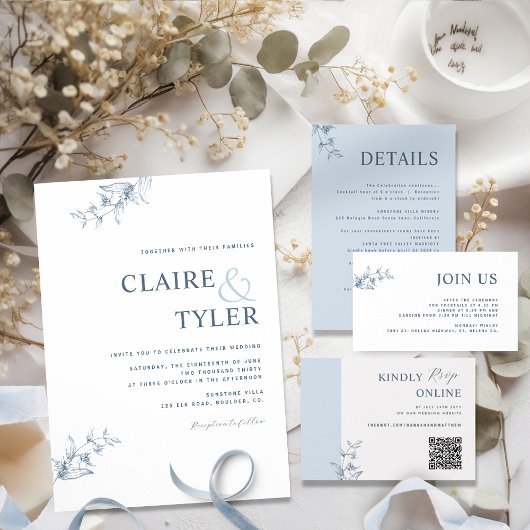 青エレガントモダンミニマル結婚式招待状 招待状