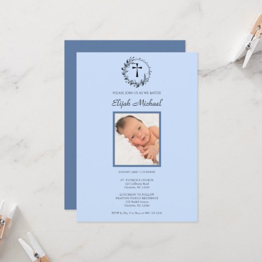 青エレガントモダン光バプテスマ招待状 招待状 (正面/裏面インサイチュ)