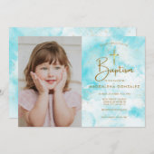 青エレガントモダン水の色の金ゴールドクロスバプテスマ 招待状 (正面/裏面)