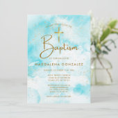 青エレガントモダン水の色の金ゴールドクロスバプテスマ 招待状 (スタンド正面)