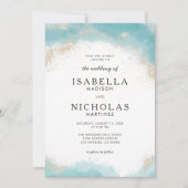 青エレガントモダン水カラー金ゴールド結婚の 招待状 (正面)