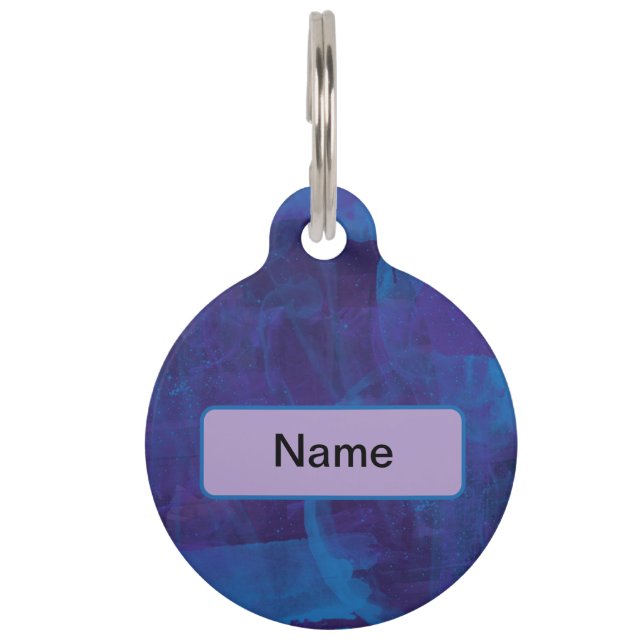 青エレガントモダン紫（ばちゃばちゃ）跳ねる絵を描 ペット　ネームタグ (正面)