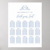 青エレガントモノグラム結婚の座席表の記号 ポスター (正面)