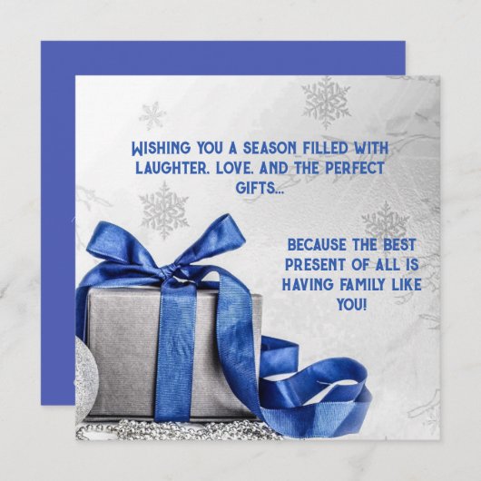 青エレガントリボン付きクリスマスギフトボックス シーズンカード (正面/裏面)