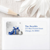 青エレガントリボン付きクリスマスギフトボックス ラベル (インサイチュ)