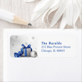 青エレガントリボン付きクリスマスギフトボックス ラベル