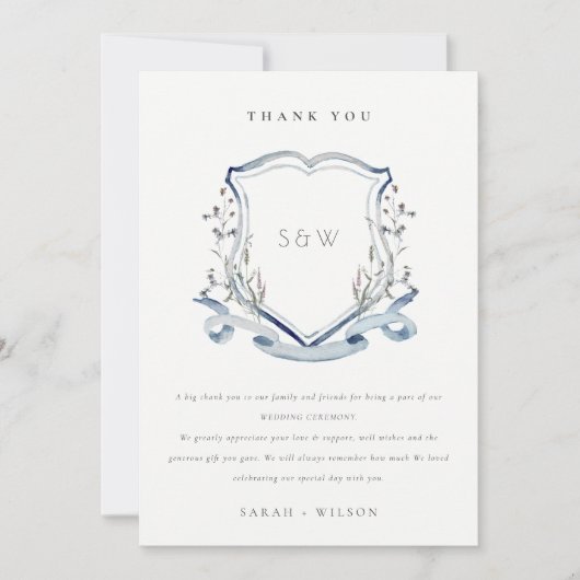 青エレガントワイルドフラワーモノグラム結婚クレスト サンキューカード (正面)