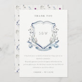 青エレガントワイルドフラワーモノグラム結婚クレスト サンキューカード (正面/裏面)