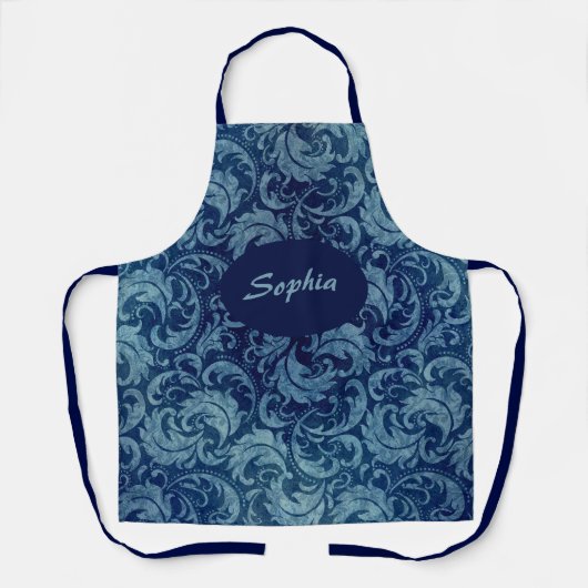 青エレガントヴィンテージダマスク模様 エプロン (正面)