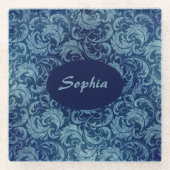 青エレガントヴィンテージダマスク模様 ガラスコースター (正面)