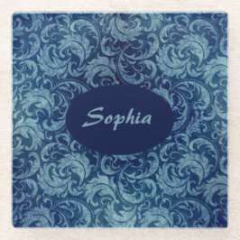 青エレガントヴィンテージダマスク模様 ガラスコースター