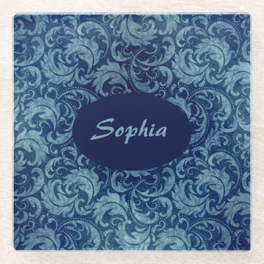 青エレガントヴィンテージダマスク模様 ガラスコースター (正面)
