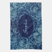 青エレガントヴィンテージダマスク模様 キッチンタオル (縦)