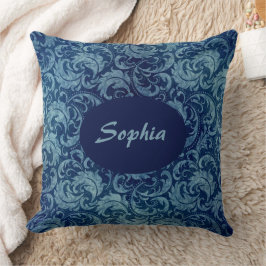 青エレガントヴィンテージダマスク模様 クッション