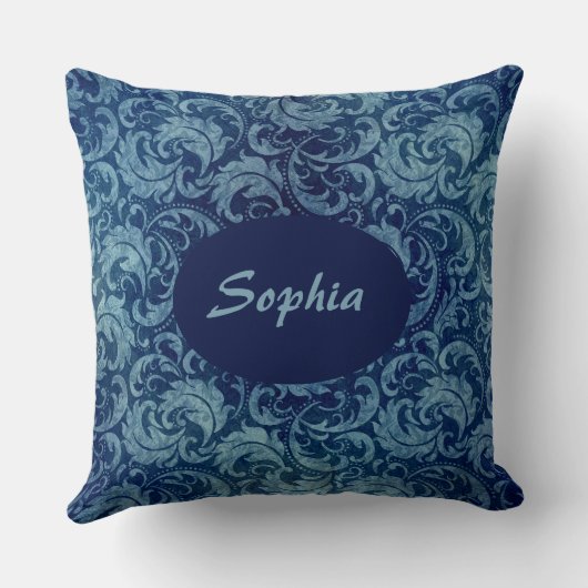 青エレガントヴィンテージダマスク模様 クッション (裏面)