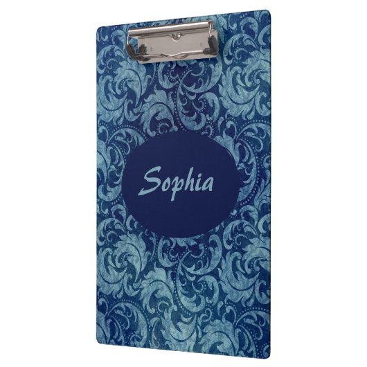 青エレガントヴィンテージダマスク模様 クリップボード (左)