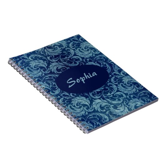 青エレガントヴィンテージダマスク模様 ノートブック (右側)