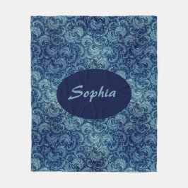 青エレガントヴィンテージダマスク模様 フリースブランケット